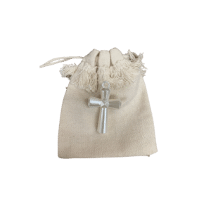 Pochon coton naturel frange avec croix nacre